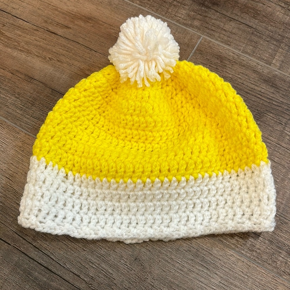 Handmade Child’s Crochet Beanie Hat with Pom Pom in Yellow & White